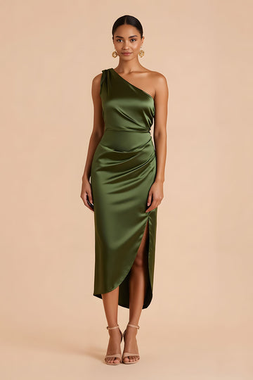 Olive One Shoulder Sheath Bridesmaid Dress With Slit